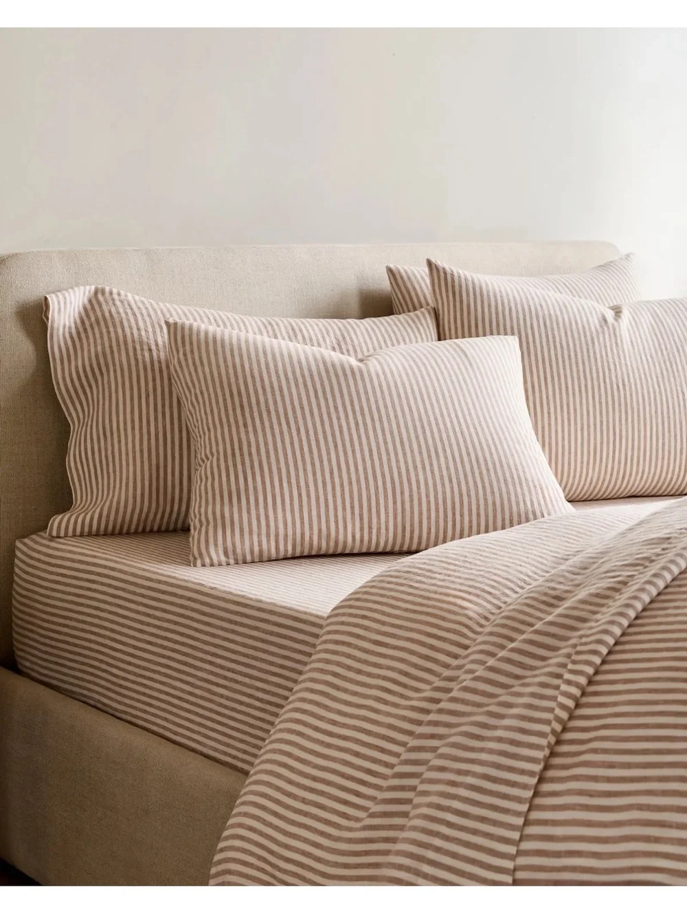 Quince European Linen Duvet Cover Set Full Queen Latte White Stripe $204 Retail